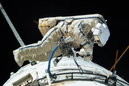 International Space Station Expedition 36 Flight Engineers Alexander Misurkin and Fyodor Yurchikhin (out of frame), both of the Russian Federal Space Agency, conducted a five-hour, 58-minute spacewalk on Aug. 22, 2013 to replace a laser communications experiment, install new spacewalk aids and inspect antenna covers on the station's exterior. Credits: NASA