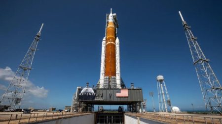 Seen from the flame trench at Launch Pad 39B, NASA's Space Launch System rocket and Orion spacecraft are atop the mobile launcher at the agency's Kennedy Space Center in Florida on March 18, 2022. Kim Shiflett/NASA