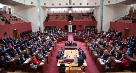 The Senate has red seats and carpet, with 76 senators that represent states and territories. The House of Representatives has green seats and carpet, with 151 members that each represent an electorate. Photograph: Mike Bowers/The Guardian