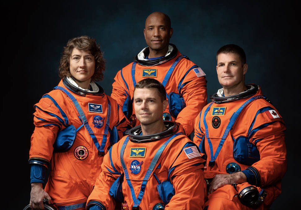 The crew of NASA’s Artemis II mission (left to right): NASA astronauts Christina Hammock Koch, Reid Wiseman (seated), Victor Glover, and Canadian Space Agency astronaut Jeremy Hansen. Credits: NASA