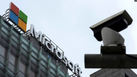 A security camera is seen near a Microsoft office building in Beijing, China