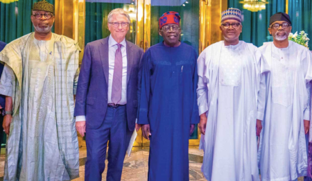 Dele Alake; co-founder, Bill and Melinda Gates Foundation, Bill Gates; President Bola Tinubu; President, Aliko Dangote Foundation, Aliko Dangote and Chief of Staff to the President, Femi Gbajabiamila during a visit by Gates and Dangote to the Presidential Villa in Abuja. 20th June,2023 PHOTO: NAN