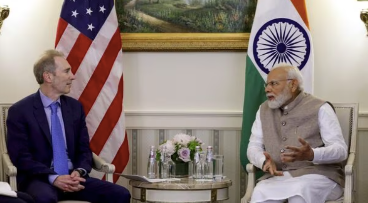 Prime Minister Narendra Modi with the CEO of Amazon Andrew Jassy during a meeting, at White House in Washington, Friday, June 23, 2023. (PTI Photo) (PTI)