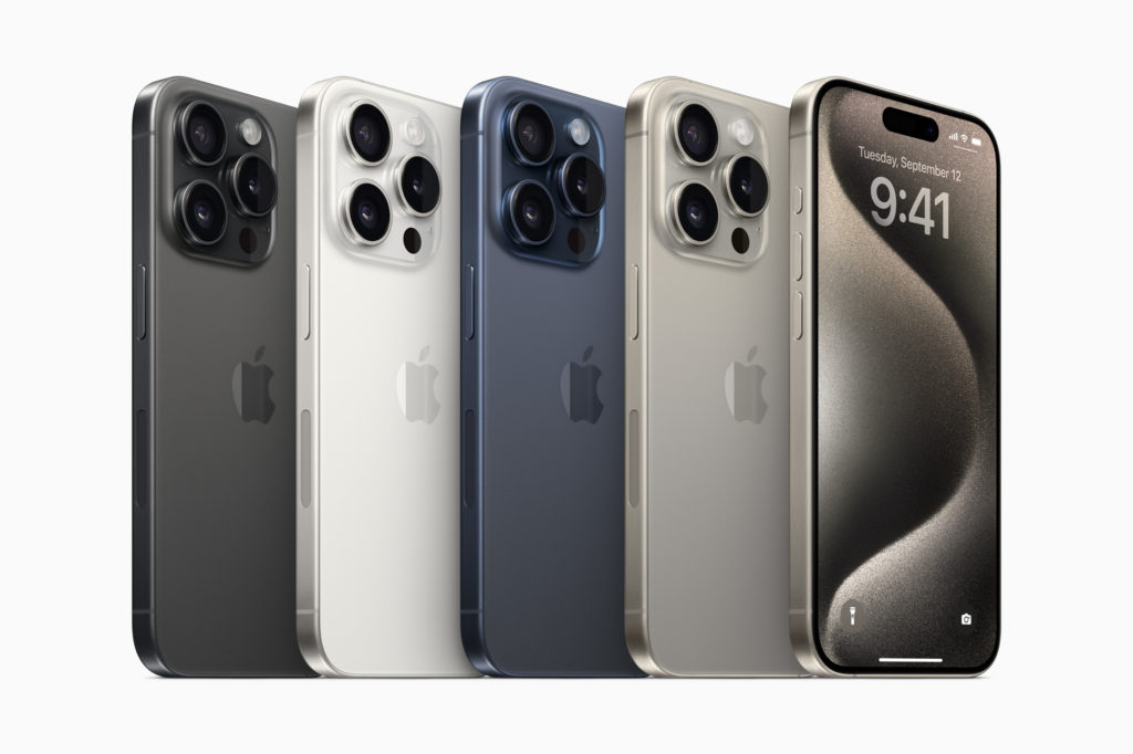 iPhone 15 Pro and iPhone 15 Pro Max will be available in four stunning new finishes: black titanium, white titanium, blue titanium, and natural titanium.- Credit : Apple