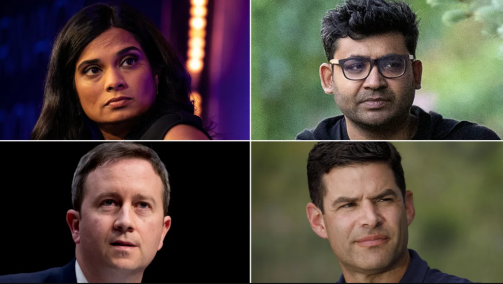 Left to right, clockwise: Twitter former executives Vijaya Gadde, Parag Agrawal, Ned Segal, Sean Edgett, who have filed a lawsuit against Elon Musk over severance payments they say they are due. Andrew Harnik/AP/Kevin Dietsch/Patrick T. Fallon/Martina Albertazzi/Bloomberg/Getty Images/FILE