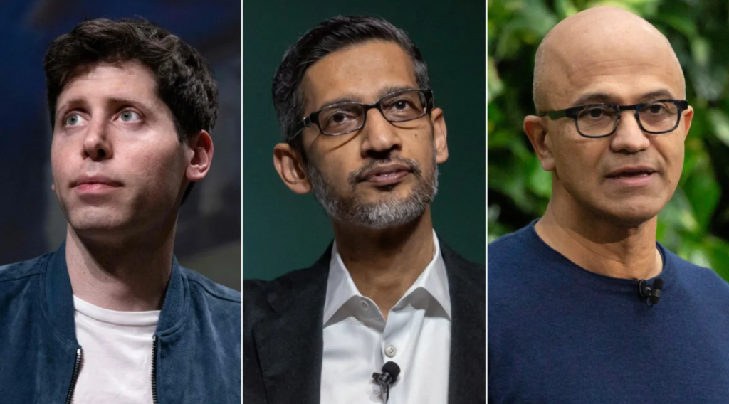 OpenAI CEO Sam Altman, left, Google CEO Sundar Pichai and Microsoft CEO Satya Nadella. AFP/Reuters/Bloomberg/Getty Images