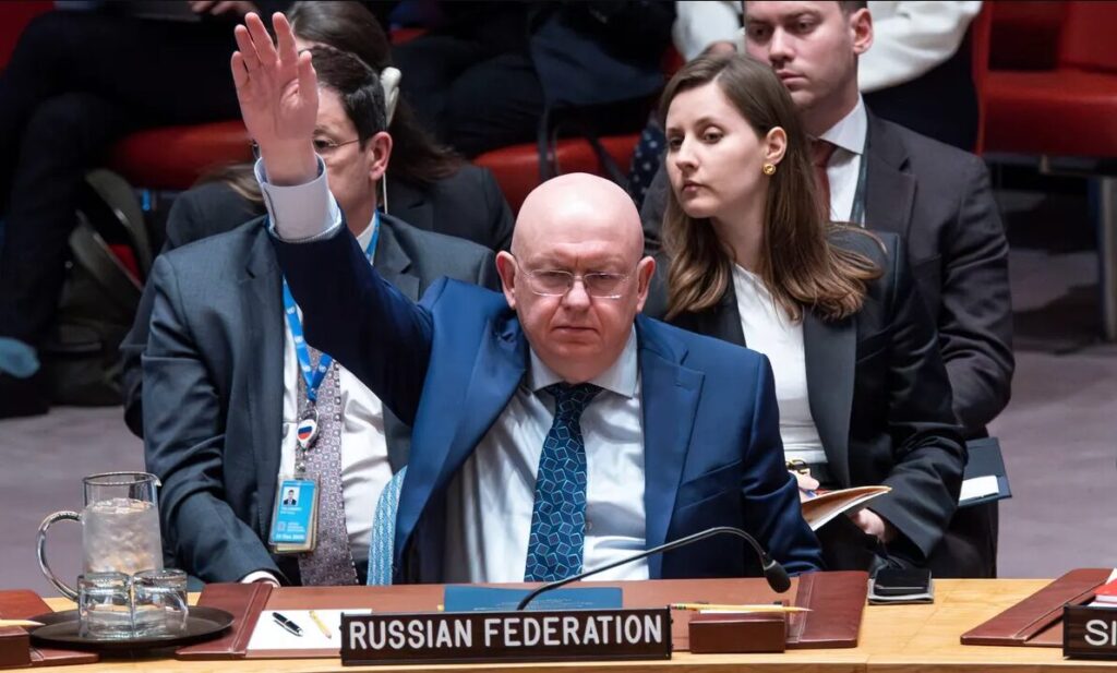 Russian Permanent Representative to the UN Vassily Nebenzia raises his hand Photograph: Eduardo Muñoz/AP