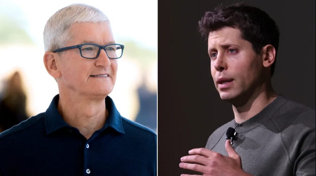 (L-R) Apple CEO Tim Cook; OpenAI CEO Sam Altman. Justin Sullivan/Chris Tuite/AFP/Getty Images