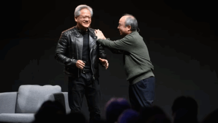 Nvidia chief Jensen Huang, left, and SoftBank founder Masayoshi Son on stage at an event in Japan in 2024 © Bloomberg